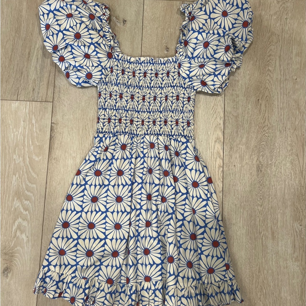 Olivaceous Blue and White Smocked Puff Sleeve Mini Dress